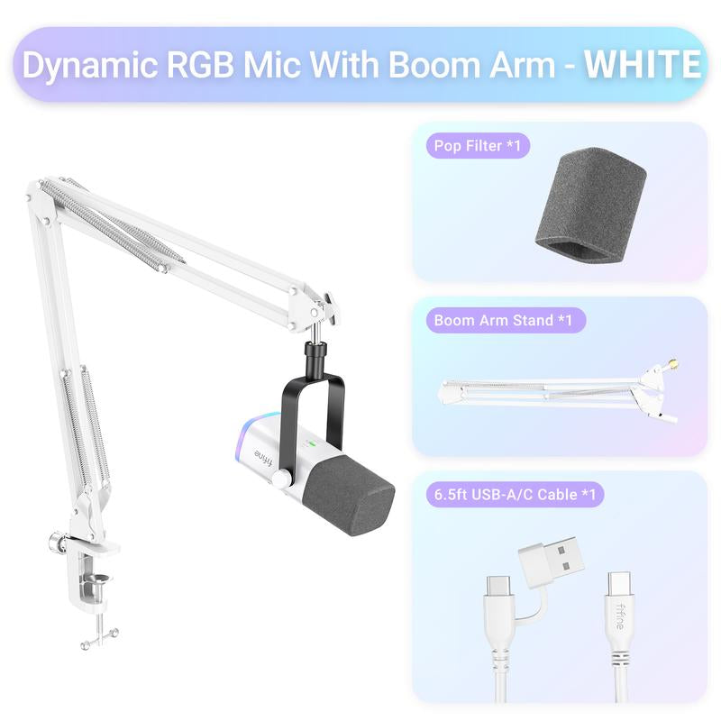 FIFINE AM8T XLR/USB Gaming Microphone with Boom Arm Stand, Dynamic PC Mic for Streaming Podcasting, Computer RGB Mic Kit, Mute Button, Headphones Jack, for Recording Vocal Voice-Over Audio, for Smartphone