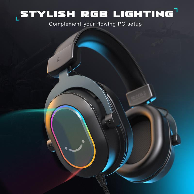 FIFINE H6 Gaming Headset for Pc-Wired Headphones with Microphone, 7.1 Surround Sound Computer USB Headset for Laptop, Streaming Headphones on PS4/PS5, with There EQ Mode, RGB, Soft Ear Pads