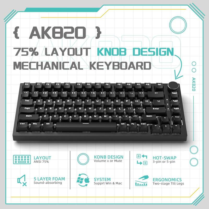 AJAZZ AK820 Wired Mechanical Keyboard, Side Engraved Keycap Keyboard, Full Key Hot Swap Gasket Structure Keyboard, Gaming Keyboard for Gaming