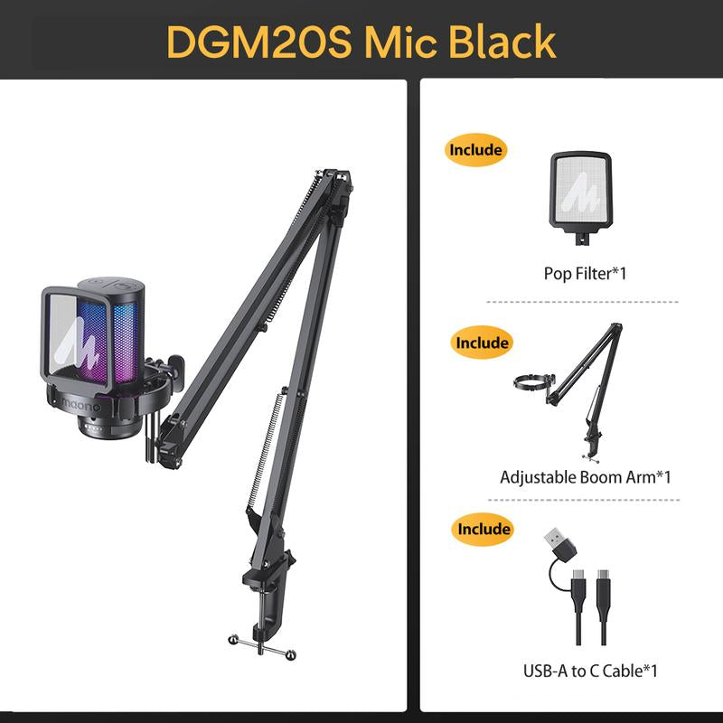MAONO DGM20S Game Streaming USB Tiktok Audio Microphone Kit with Boom Arm and Rgb-Muted Mic Setup Compatible with Pcs, and Android Smartphones.