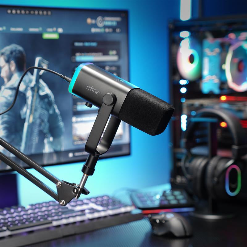 FIFINE AM8T XLR/USB Gaming Microphone with Boom Arm Stand, Dynamic PC Mic for Streaming Podcasting, Computer RGB Mic Kit, Mute Button, Headphones Jack, for Recording Vocal Voice-Over Audio, for Smartphone