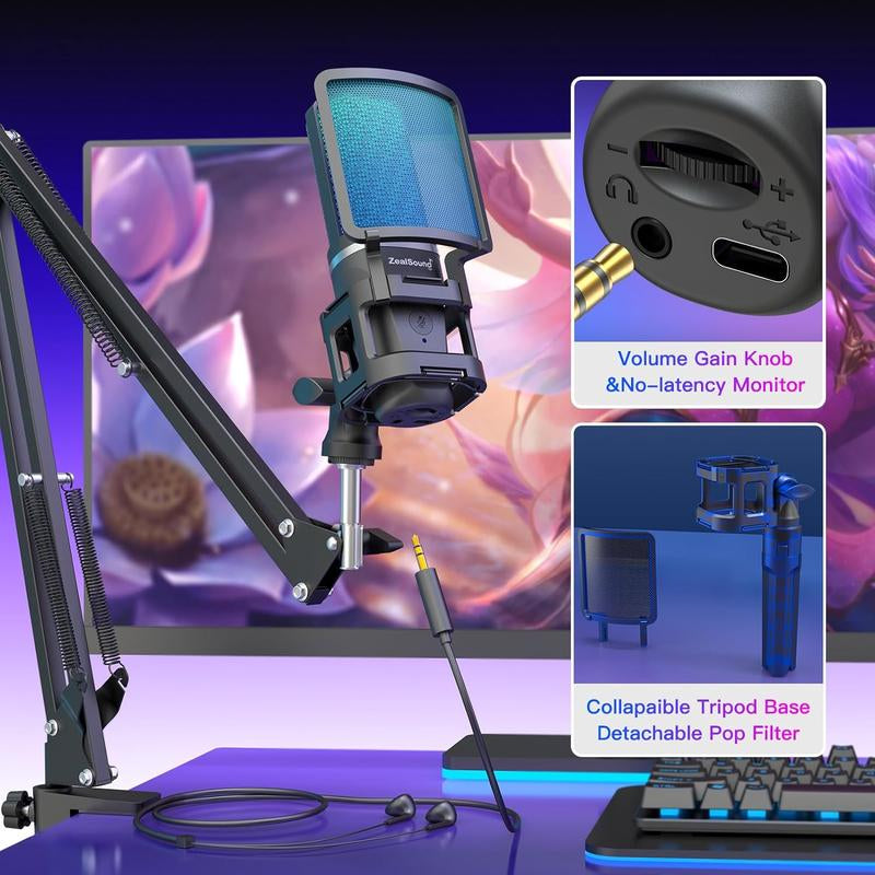 Zealsound Gaming USB Microphone, Noise Cancellation Condenser Mic, RGB Microphone with Mute, Gain, Monitoring, Boom Arm, Pop Filter for Phone, PC, Computer, PS4, PS5, Mac, Streaming, Podcast