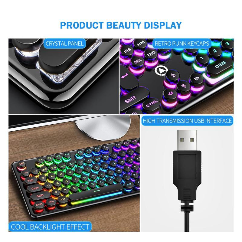 USB-A Luminous Keyboard, round Wired Keyboard, Ergonomic Keyboard for Gaming, Ambidextrous Keyboard for Home Office, Gaming Accessories