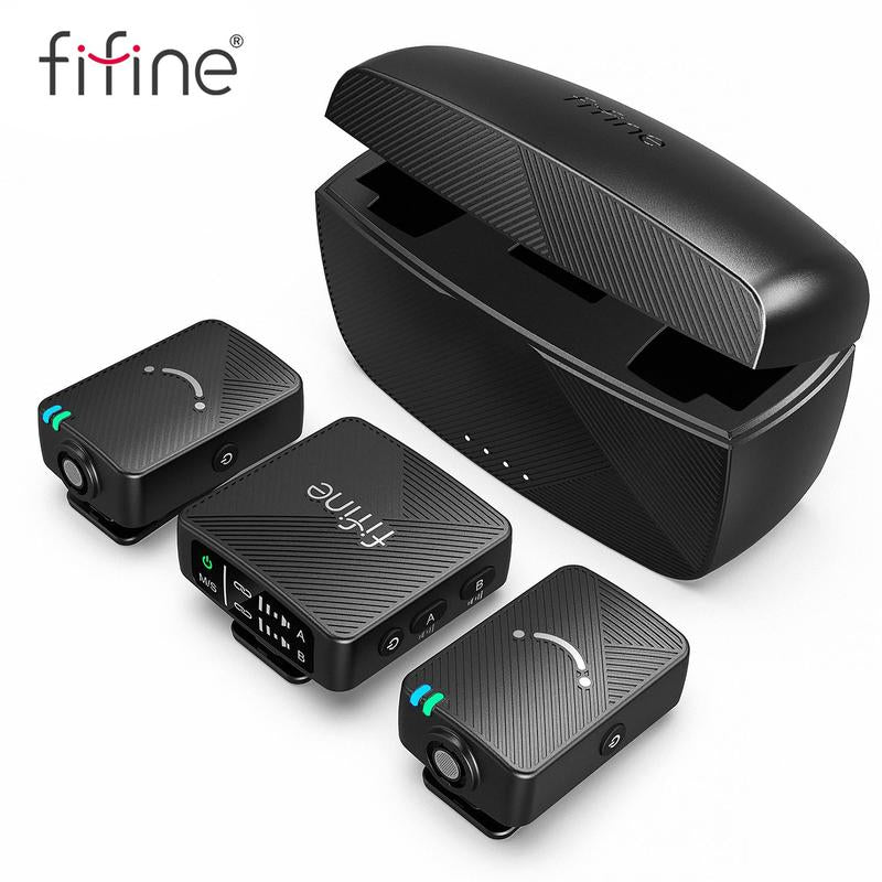 Fifine M9 Wireless Lavalier Microphone with Charging Case, 2 Pack Cordless Lapel Mic System for Vlog Recording Video Youtube/Tiktok Interview, Condenser Clip-On Microphone with Charging Case for Smartphone/Iphone/Android/Camera