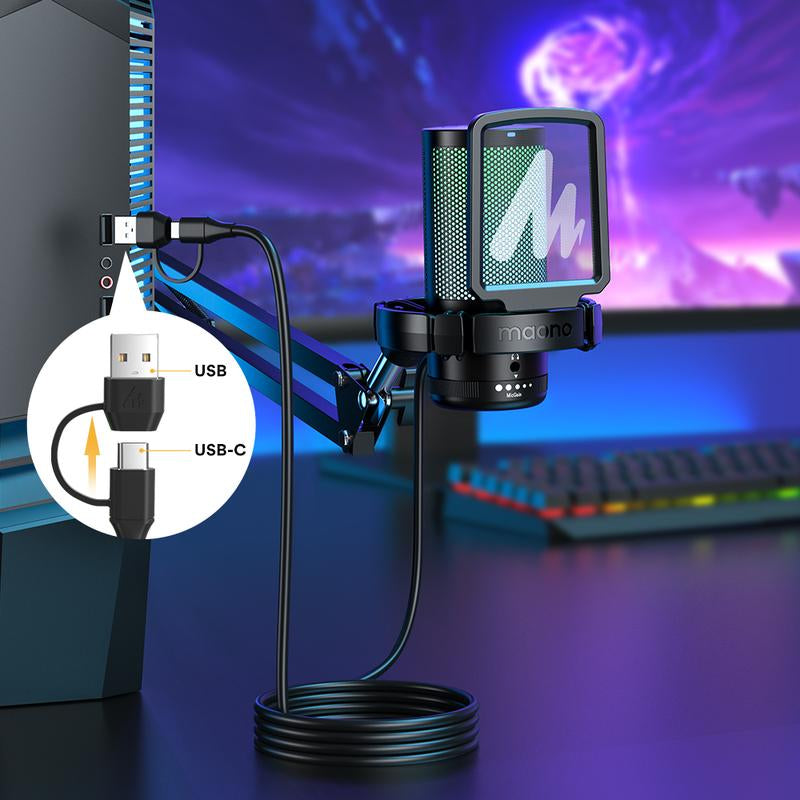 MAONO DGM20S Game Streaming USB Tiktok Audio Microphone Kit with Boom Arm and Rgb-Muted Mic Setup Compatible with Pcs, and Android Smartphones.