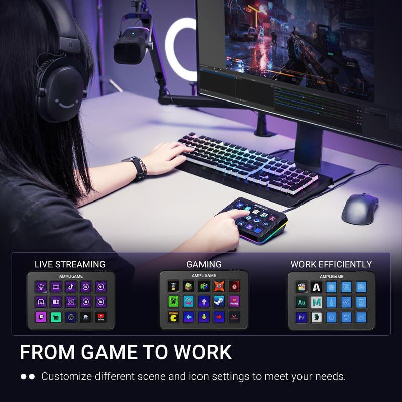 FIFINE D6 Gaming Stream Controller, Control Pad, Ampligame Control Deck, with 15 Macro Keys, Streaming Keyboard with Trigger Actions in Obs/Twitch/Youtube, Shortcut Buttons Keypad Works with Mac and PC - Ampligame D6