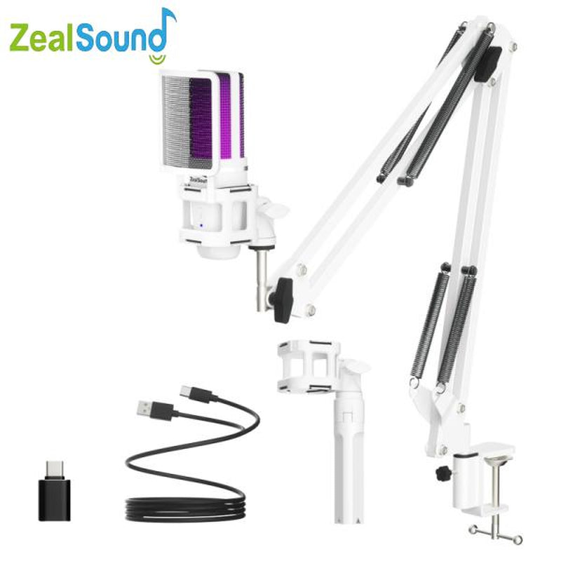 Zealsound Gaming USB Microphone, Noise Cancellation Condenser Mic, RGB Microphone with Mute, Gain, Monitoring, Boom Arm, Pop Filter for Phone, PC, Computer, PS4, PS5, Mac, Streaming, Podcast