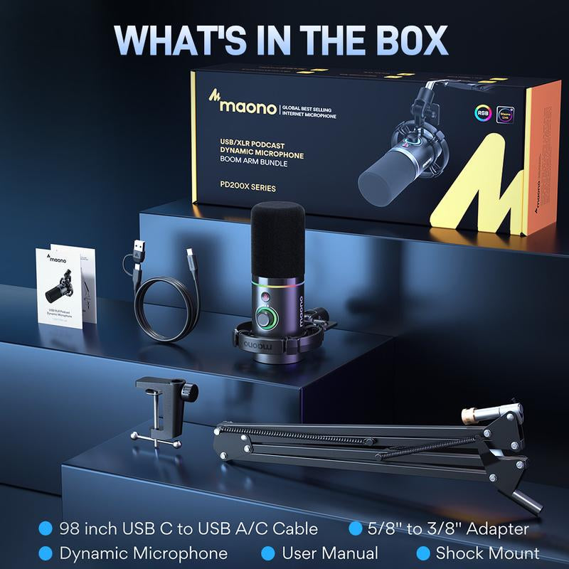 Maono PD200X Dynamic RGB Gaming Microphone with USB & XLR Cable Connectivity, Mute Button, Noise Reduction, Zero Latency, Widely Compatible with Computers, PC, Mac, Android /Ios Smartphone, Audio Mixer, Friendly for Singing, Gaming, Podcasting, Recording.