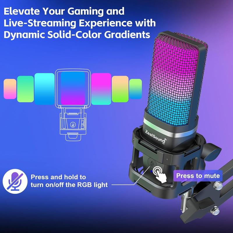 Zealsound Gaming USB Microphone, Noise Cancellation Condenser Mic, RGB Microphone with Mute, Gain, Monitoring, Boom Arm, Pop Filter for Phone, PC, Computer, PS4, PS5, Mac, Streaming, Podcast