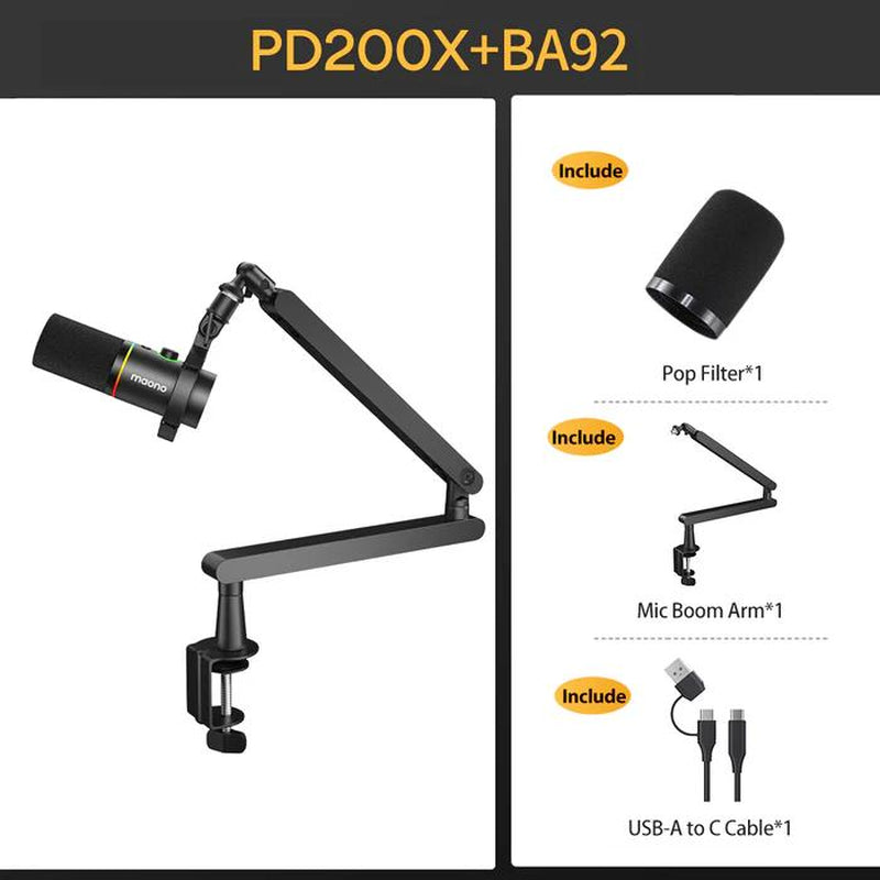 Maono PD200X Dynamic RGB Gaming Microphone with USB & XLR Cable Connectivity, Mute Button, Noise Reduction, Zero Latency, Widely Compatible with Computers, PC, Mac, Android /Ios Smartphone, Audio Mixer, Friendly for Singing, Gaming, Podcasting, Recording.