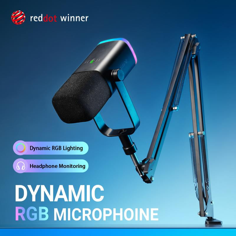 FIFINE AM8T XLR/USB Gaming Microphone with Boom Arm Stand, Dynamic PC Mic for Streaming Podcasting, Computer RGB Mic Kit, Mute Button, Headphones Jack, for Recording Vocal Voice-Over Audio, for Smartphone