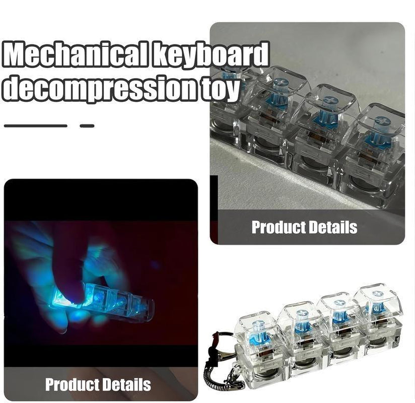 Four Keycaps Stress-Relieving Toy Mechanical Keyboard, Crystal Keycaps with LED Lights, Transparent Design, Keyboard Keychain