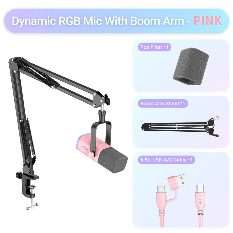 FIFINE AM8T XLR/USB Gaming Microphone with Boom Arm Stand, Dynamic PC Mic for Streaming Podcasting, Computer RGB Mic Kit, Mute Button, Headphones Jack, for Recording Vocal Voice-Over Audio, for Smartphone