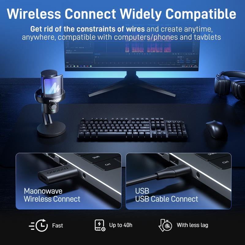 Maono DM40 Voice Changer USB / Wireless Desktop Audio RGB Gaming Microphone with Noise Reduction and EQ Setting,Compatible with Computer, PC, PS4, PS5, Smartphone, Mac, Ideal for Singing,Game Streaming,Recording and Podcasting.