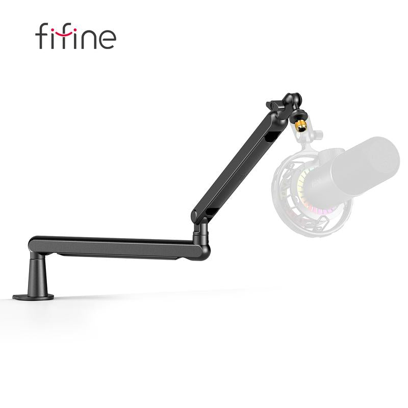 FIFINE Low Profile Podcast Microphone Stand, BM88 Gaming Mic Boom Arm with Desk Mount, Cable Channels Management, Adjustable Metal Boom Arm White for Recording/Streaming/Gaming/Home Office