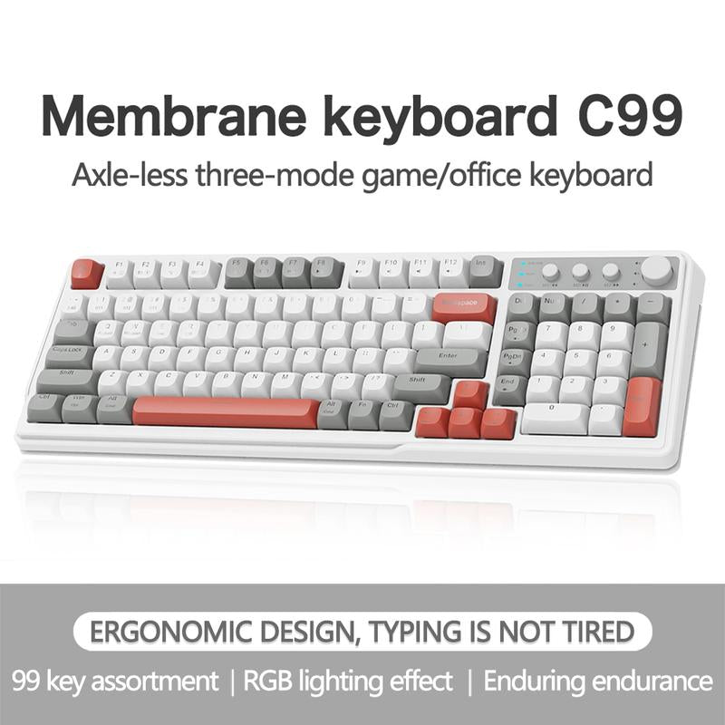 Lecoo C99 Keyboard, Wired/2.4G Wireless/Bt Tri-Mode Keyboard, Rechargeable Ergonomic Keyboard with Backlight, Multifunctional Keyboard for Office Home