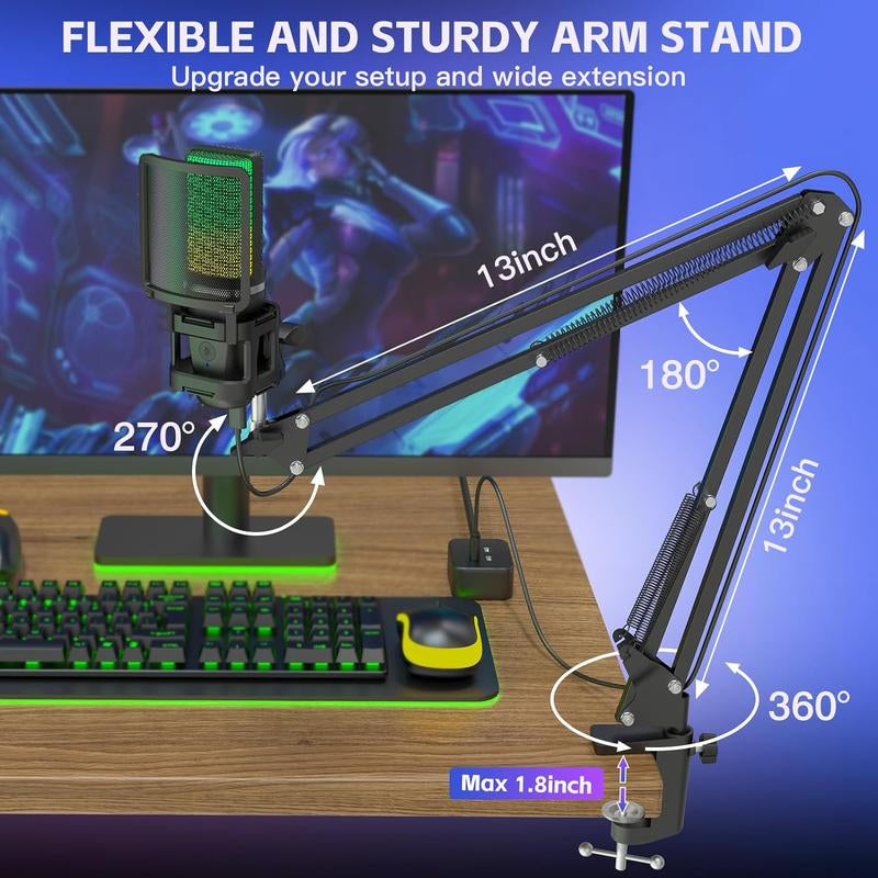 Zealsound Gaming USB Microphone, Noise Cancellation Condenser Mic, RGB Microphone with Mute, Gain, Monitoring, Boom Arm, Pop Filter for Phone, PC, Computer, PS4, PS5, Mac, Streaming, Podcast