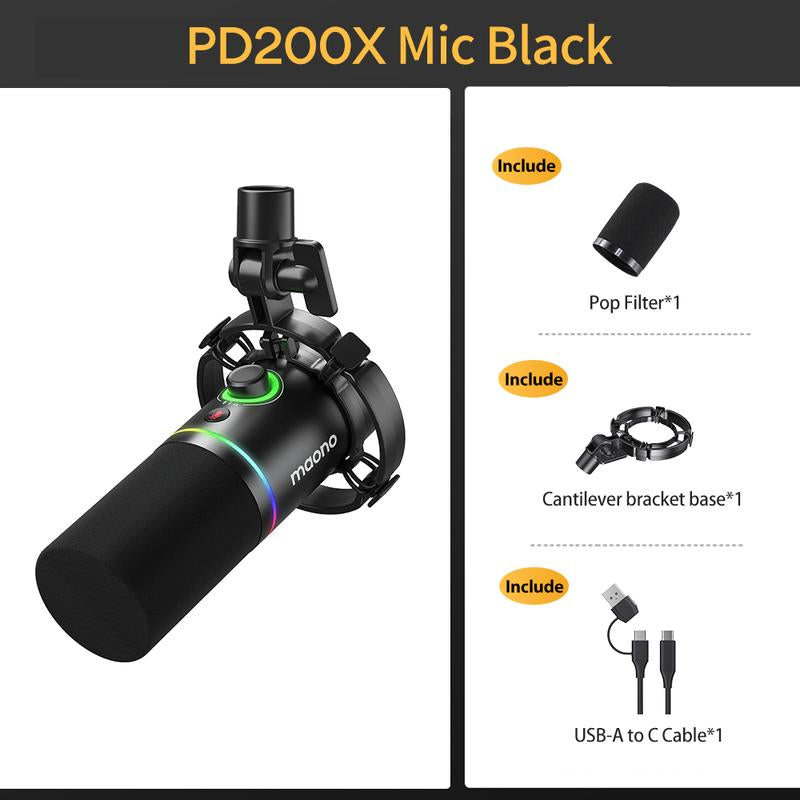 Maono PD200X Dynamic RGB Gaming Microphone with USB & XLR Cable Connectivity, Mute Button, Noise Reduction, Zero Latency, Widely Compatible with Computers, PC, Mac, Android /Ios Smartphone, Audio Mixer, Friendly for Singing, Gaming, Podcasting, Recording.