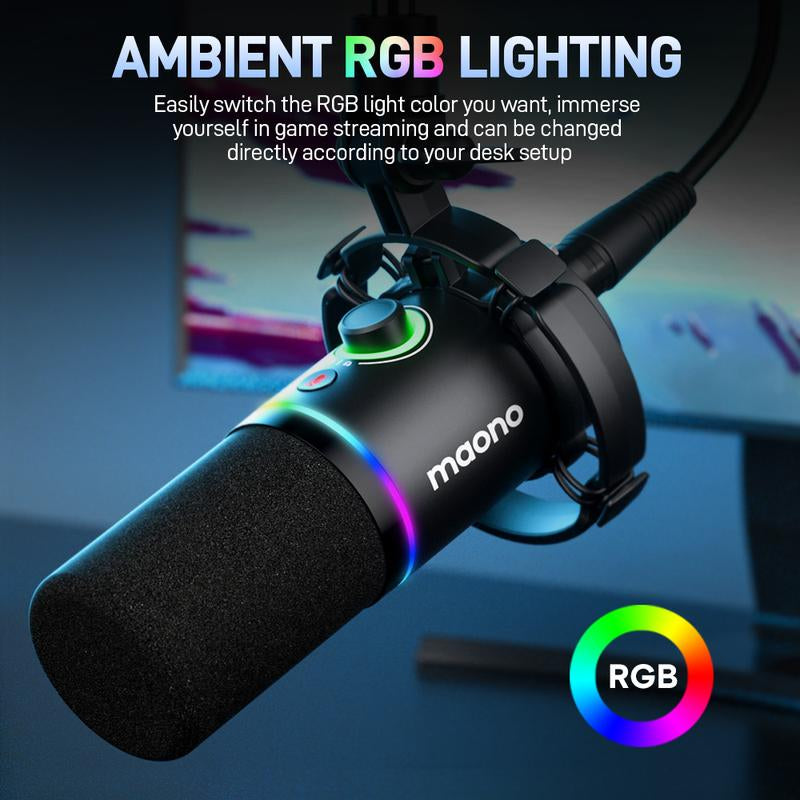 Maono PD200X Dynamic RGB Gaming Microphone with USB & XLR Cable Connectivity, Mute Button, Noise Reduction, Zero Latency, Widely Compatible with Computers, PC, Mac, Android /Ios Smartphone, Audio Mixer, Friendly for Singing, Gaming, Podcasting, Recording.