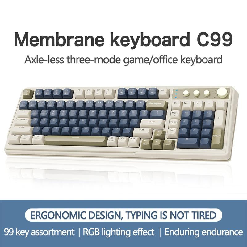 Lecoo C99 Keyboard, Wired/2.4G Wireless/Bt Tri-Mode Keyboard, Rechargeable Ergonomic Keyboard with Backlight, Multifunctional Keyboard for Office Home