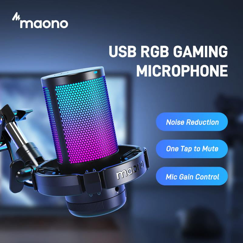 MAONO DGM20S Game Streaming USB Tiktok Audio Microphone Kit with Boom Arm and Rgb-Muted Mic Setup Compatible with Pcs, and Android Smartphones.