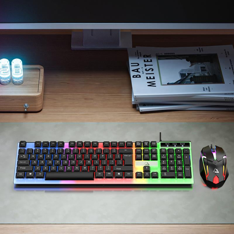RGB Gaming Keyboard and Mouse Combo, Wired Mechanical Feel LED Backlit Keyboard,104 Keys USB Ergonomic Wrist Rest Keyboard, Compact Wired Keyboard