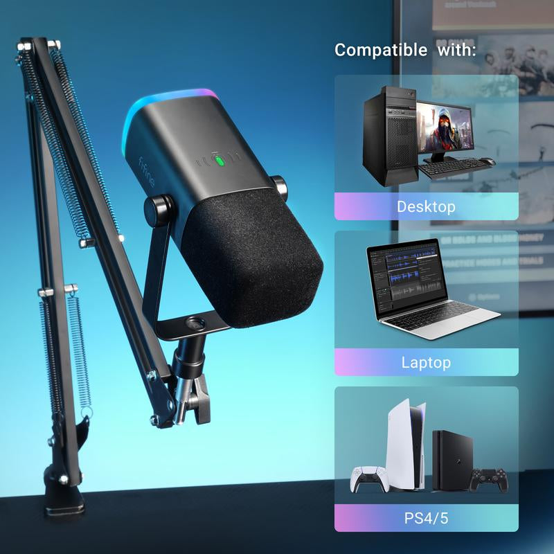 FIFINE AM8T XLR/USB Gaming Microphone with Boom Arm Stand, Dynamic PC Mic for Streaming Podcasting, Computer RGB Mic Kit, Mute Button, Headphones Jack, for Recording Vocal Voice-Over Audio, for Smartphone