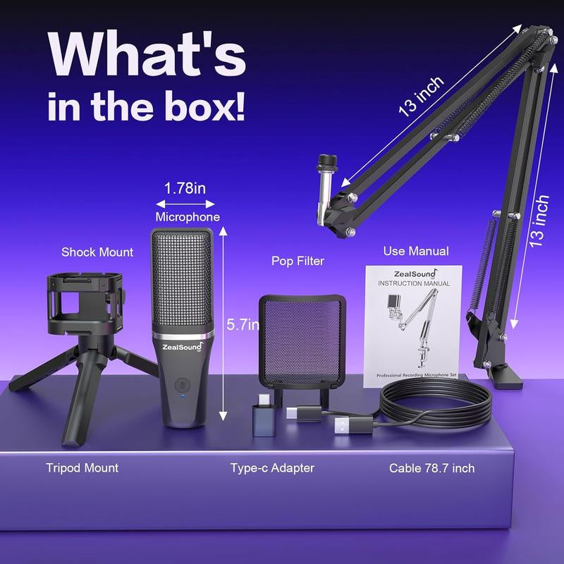 Zealsound Gaming USB Microphone, Noise Cancellation Condenser Mic, RGB Microphone with Mute, Gain, Monitoring, Boom Arm, Pop Filter for Phone, PC, Computer, PS4, PS5, Mac, Streaming, Podcast