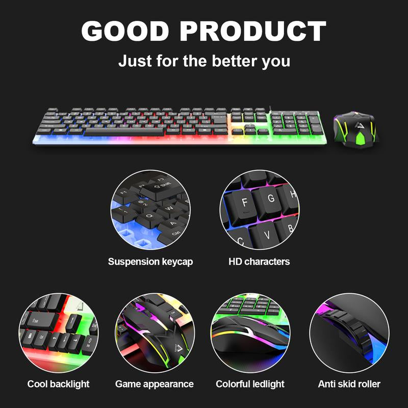 RGB Gaming Keyboard and Mouse Combo, Wired Mechanical Feel LED Backlit Keyboard,104 Keys USB Ergonomic Wrist Rest Keyboard, Compact Wired Keyboard