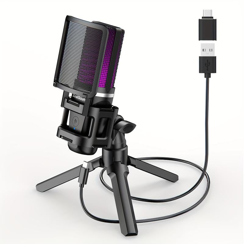 Zealsound Gaming USB Microphone, Noise Cancellation Condenser Mic, RGB Microphone with Mute, Gain, Monitoring, Boom Arm, Pop Filter for Phone, PC, Computer, PS4, PS5, Mac, Streaming, Podcast
