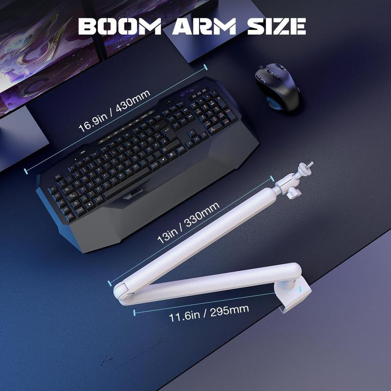 FIFINE Low Profile Podcast Microphone Stand, BM88 Gaming Mic Boom Arm with Desk Mount, Cable Channels Management, Adjustable Metal Boom Arm White for Recording/Streaming/Gaming/Home Office