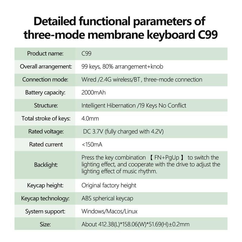 Lecoo C99 Keyboard, Wired/2.4G Wireless/Bt Tri-Mode Keyboard, Rechargeable Ergonomic Keyboard with Backlight, Multifunctional Keyboard for Office Home