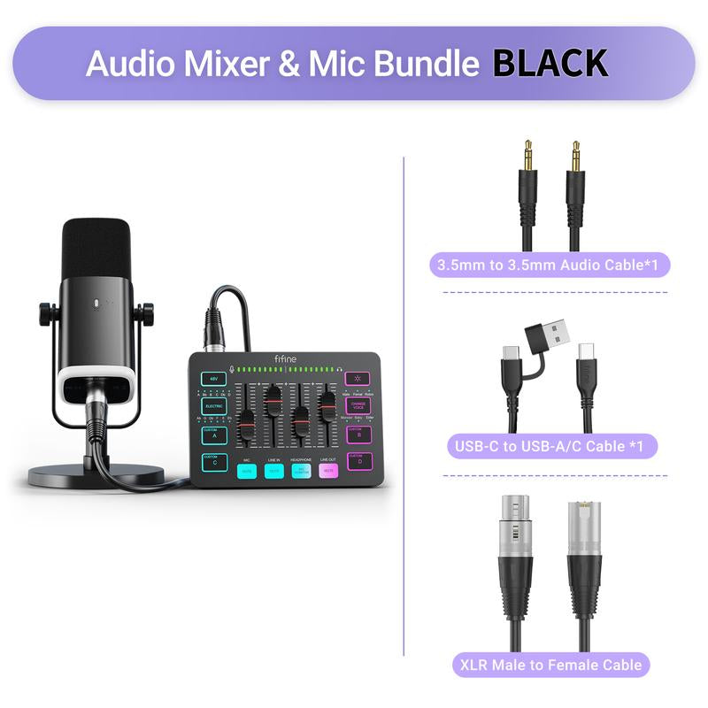 FIFINE Gaming Streaming Bundle, AM8 Dynamic XLR/USB Gaming Mic Set with SC3 Streaming Audio Mixer for Podcast Recording, Video, Vocal, Content Creators, Gamer Microphone Set with Volume Fader/Xlr Interface for PC / Smartphone