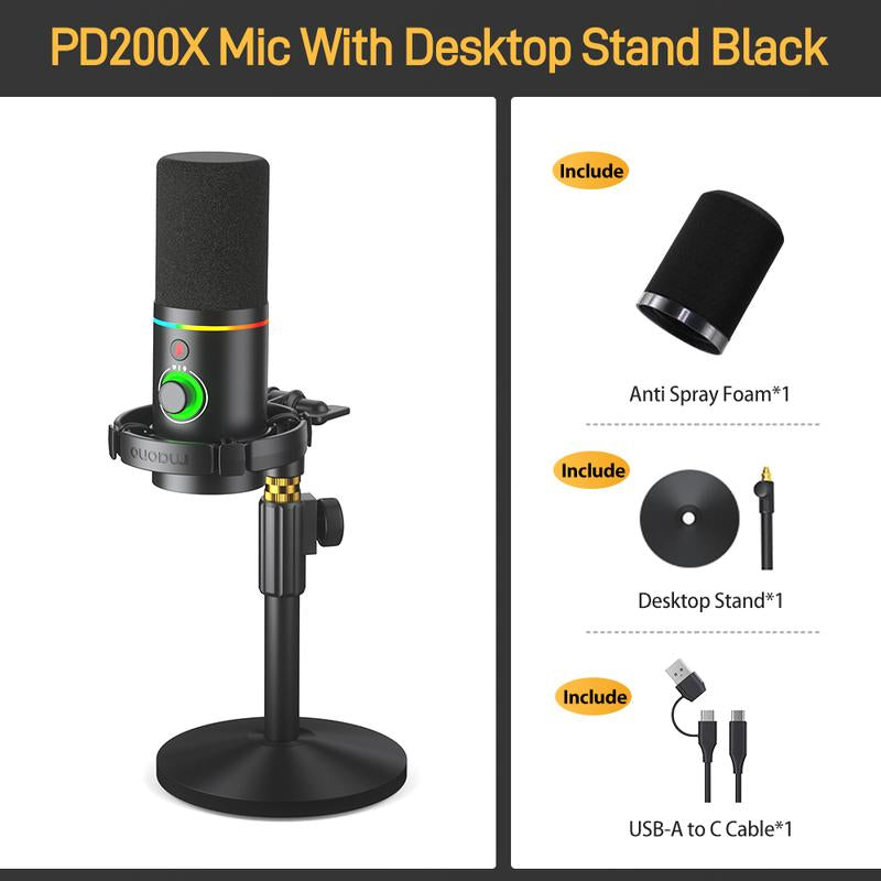 Maono PD200X Dynamic RGB Gaming Microphone with USB & XLR Cable Connectivity, Mute Button, Noise Reduction, Zero Latency, Widely Compatible with Computers, PC, Mac, Android /Ios Smartphone, Audio Mixer, Friendly for Singing, Gaming, Podcasting, Recording.