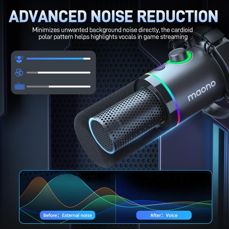 Maono PD200X Dynamic RGB Gaming Microphone with USB & XLR Cable Connectivity, Mute Button, Noise Reduction, Zero Latency, Widely Compatible with Computers, PC, Mac, Android /Ios Smartphone, Audio Mixer, Friendly for Singing, Gaming, Podcasting, Recording.