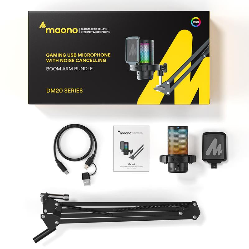 MAONO DGM20S Game Streaming USB Tiktok Audio Microphone Kit with Boom Arm and Rgb-Muted Mic Setup Compatible with Pcs, and Android Smartphones.