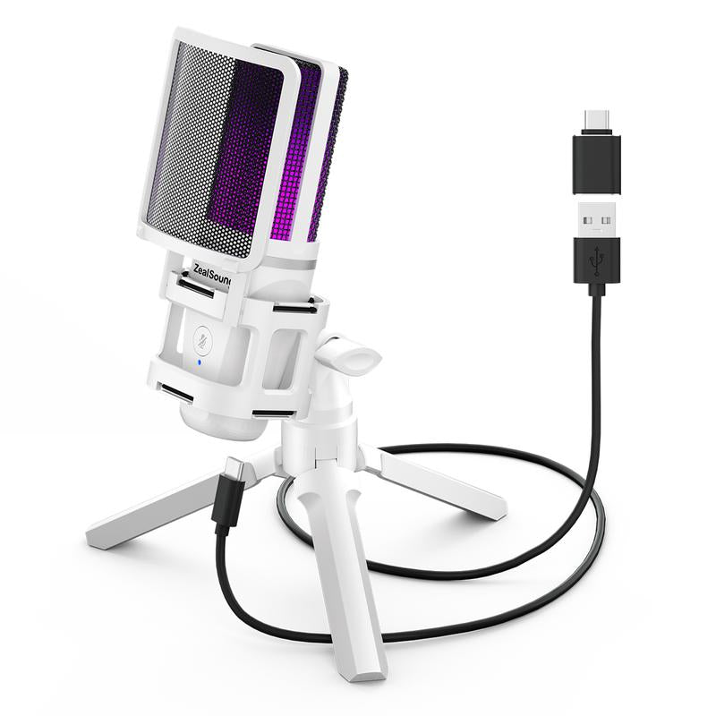 Zealsound Gaming USB Microphone, Noise Cancellation Condenser Mic, RGB Microphone with Mute, Gain, Monitoring, Boom Arm, Pop Filter for Phone, PC, Computer, PS4, PS5, Mac, Streaming, Podcast