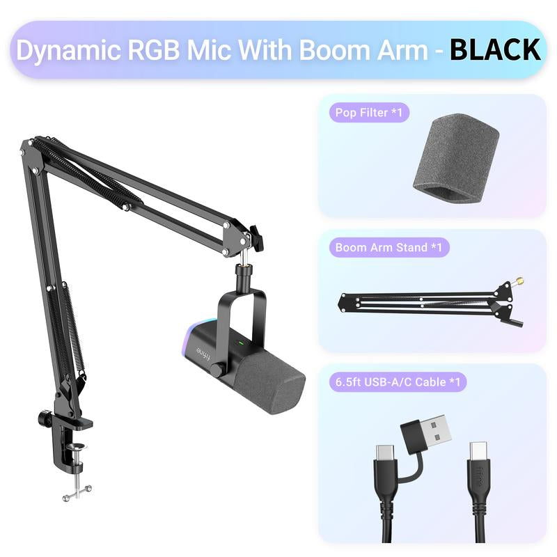 FIFINE AM8T XLR/USB Gaming Microphone with Boom Arm Stand, Dynamic PC Mic for Streaming Podcasting, Computer RGB Mic Kit, Mute Button, Headphones Jack, for Recording Vocal Voice-Over Audio, for Smartphone