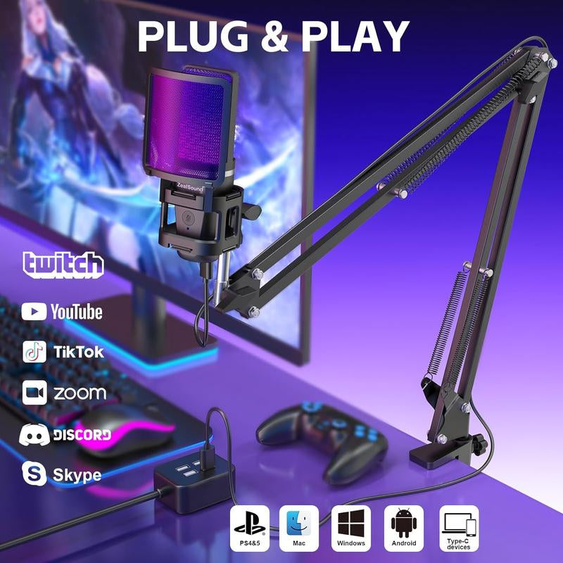 Zealsound Gaming USB Microphone, Noise Cancellation Condenser Mic, RGB Microphone with Mute, Gain, Monitoring, Boom Arm, Pop Filter for Phone, PC, Computer, PS4, PS5, Mac, Streaming, Podcast