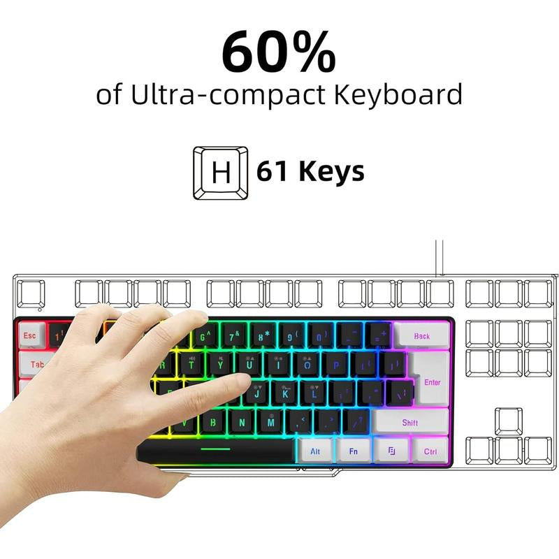 Snpurdiri 60% Wired Gaming Keyboard, 61 Keys RGB Backlit Wrist Rest Ultra-Compact Mini Waterproof Keyboard for PC Computer Gamer (White)
