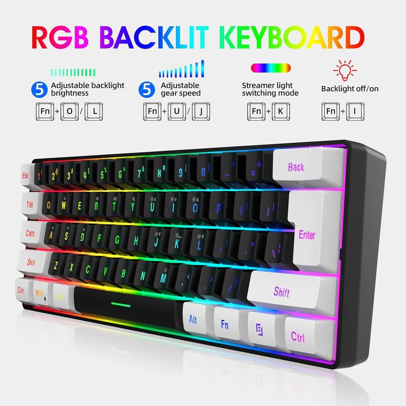 Snpurdiri 60% Wired Gaming Keyboard, 61 Keys RGB Backlit Wrist Rest Ultra-Compact Mini Waterproof Keyboard for PC Computer Gamer (White)