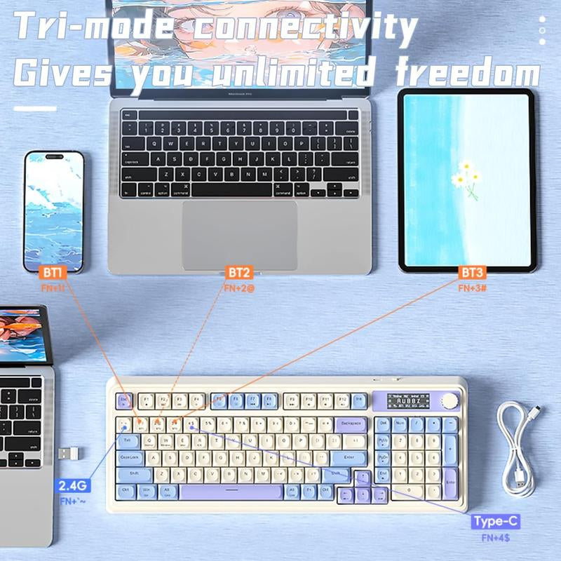 <NEW>AULA S99 Pro Keyboard, Tri-Mode Bluetooth/2.4Ghz/Usb-C Cute Creamy Gaming Keyboard with Number Pad RGB Backlit, Media Knob Custom Mechanical Feel Computer Keyboard for MAC Xbox PC Gamer S99 Keyboard Fixed Keycaps & Switches (Non-Replaceable)