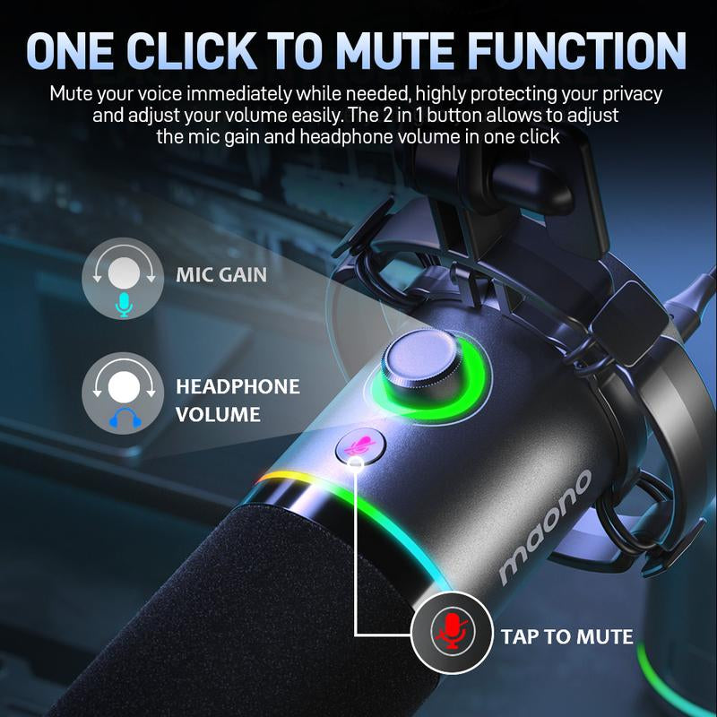 Maono PD200X Dynamic RGB Gaming Microphone with USB & XLR Cable Connectivity, Mute Button, Noise Reduction, Zero Latency, Widely Compatible with Computers, PC, Mac, Android /Ios Smartphone, Audio Mixer, Friendly for Singing, Gaming, Podcasting, Recording.