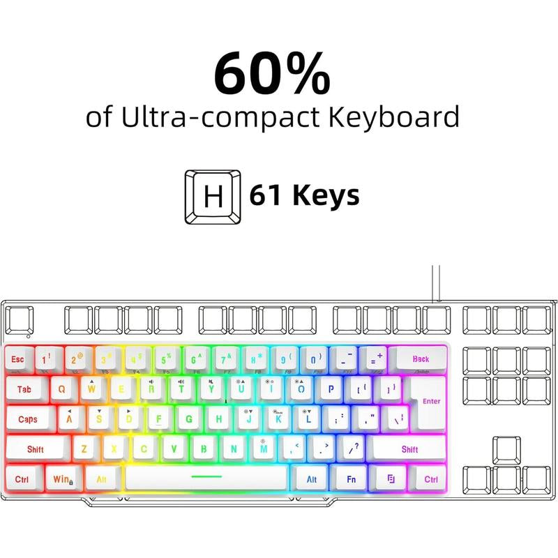 Snpurdiri 60% Wired Gaming Keyboard, 61 Keys RGB Backlit Wrist Rest Ultra-Compact Mini Waterproof Keyboard for PC Computer Gamer (White)