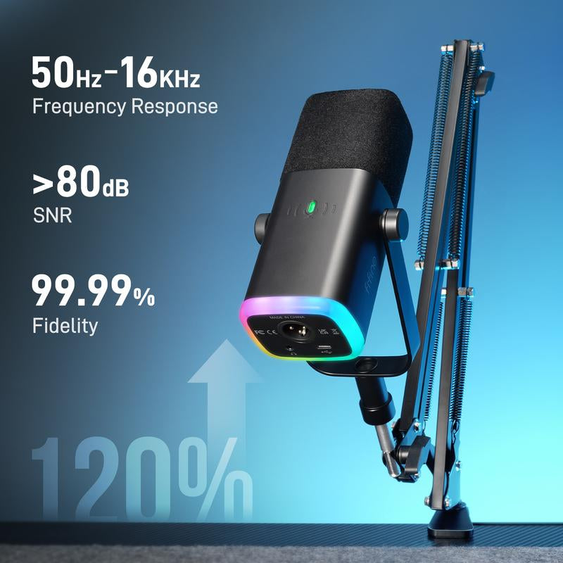 FIFINE AM8T XLR/USB Gaming Microphone with Boom Arm Stand, Dynamic PC Mic for Streaming Podcasting, Computer RGB Mic Kit, Mute Button, Headphones Jack, for Recording Vocal Voice-Over Audio, for Smartphone