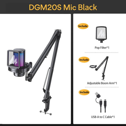 MAONO DGM20S Game Streaming USB Tiktok Audio Microphone Kit with Boom Arm and Rgb-Muted Mic Setup Compatible with Pcs, and Android Smartphones.