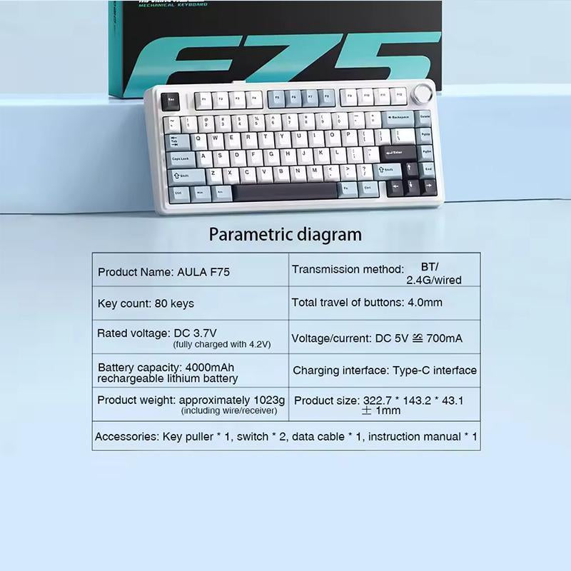 AULA F75 Wireless Keyboard Mechanical, USB Rechargeable Keyboard, Durable 3 Mode Keyboard Gaming Keyboard, RGB Gasket Wireless Keyboard, Office Customized 75% Layout Gamer Keyboard, Gaming Room Supplies Silent Keyboards