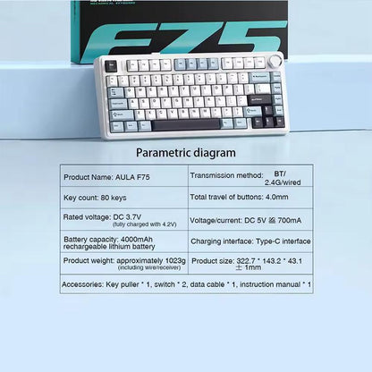 AULA F75 Wireless Keyboard Mechanical, USB Rechargeable Keyboard, Durable 3 Mode Keyboard Gaming Keyboard, RGB Gasket Wireless Keyboard, Office Customized 75% Layout Gamer Keyboard, Gaming Room Supplies Silent Keyboards