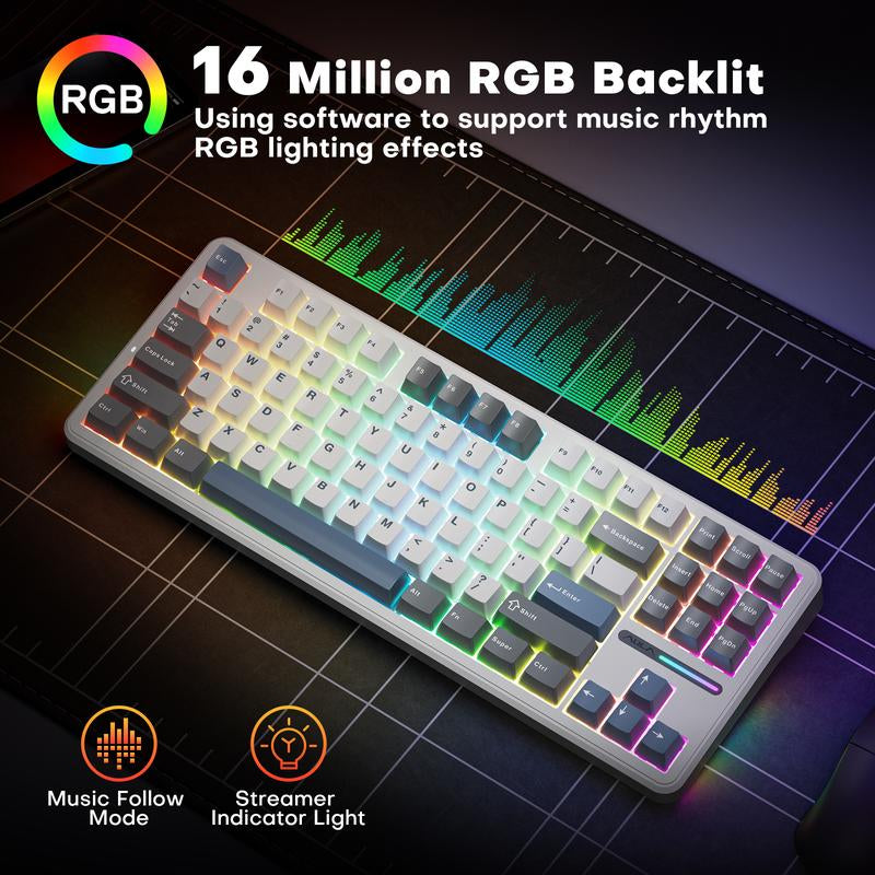 AULA F87 Wireless Keyboard, Halloween Gift,Mechanical Keyboard Hot Swappable Custom Keyboard, 2.4Ghz/Type-C/Bluetooth Gaming Keyboards, Gasket Structure Linear Greywood Switches RGB Backlit Keyboard for Wins/Pc/Mac