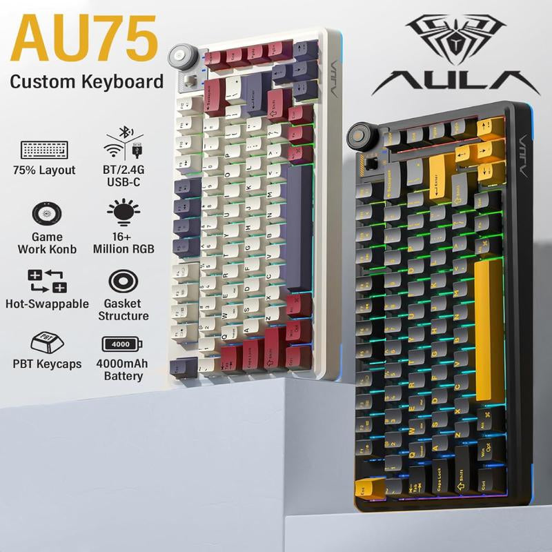 Aula F75 Keys Keyboard, Hot Swappable Custom Mechanical Gaming Keyboard, Tri-Mode Bt5.0/2.4Ghz/Usb-C Creamy Keyboard with RGB Backlit PBT Keycap Functional Knob for Win Mac PC Gamer Halloween Gift